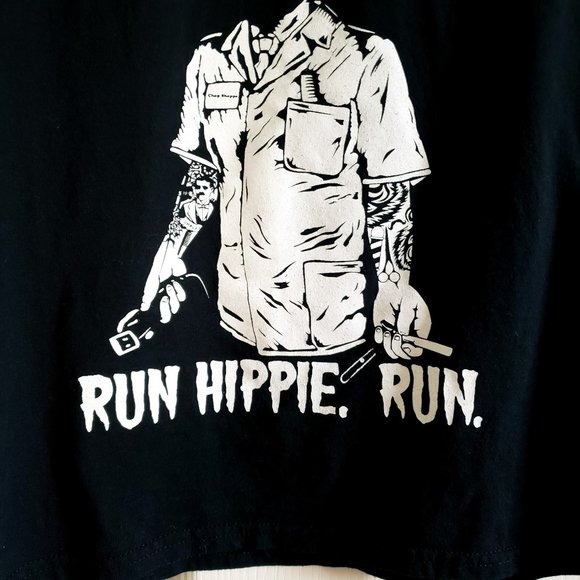 Gildan Run Hippie Run Chop Shoppe T-Shirt Womens Size XS Graphic Black/White - Picture 4 of 9